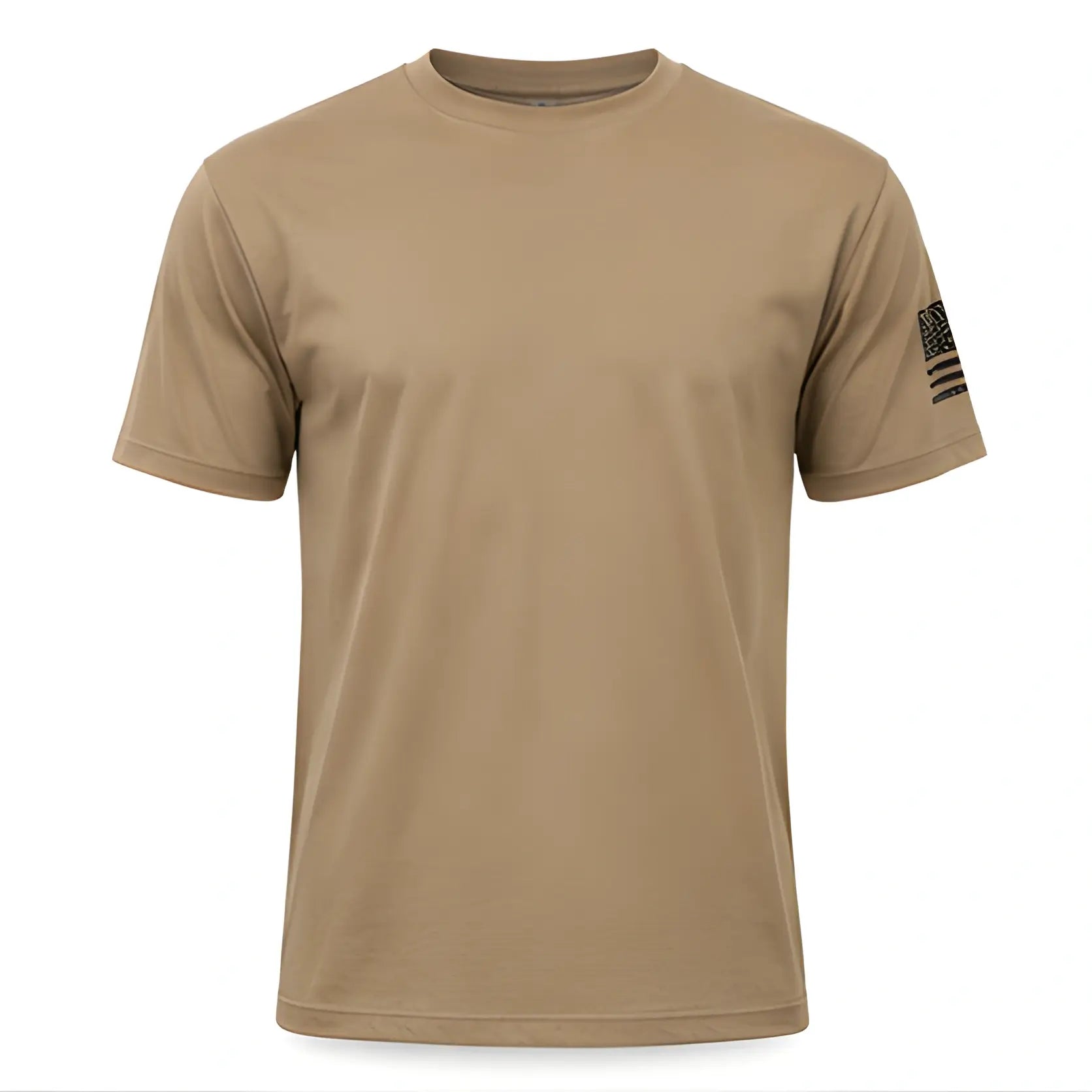 Tan t-shirt with a sleeve patch on a white background
