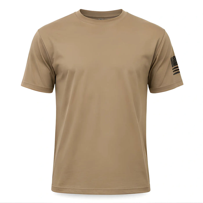 Tan t-shirt with a sleeve patch on a white background