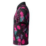 Black polo shirt with pink and green floral patterns on a white background
