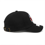 Black cap with a logo on a white background