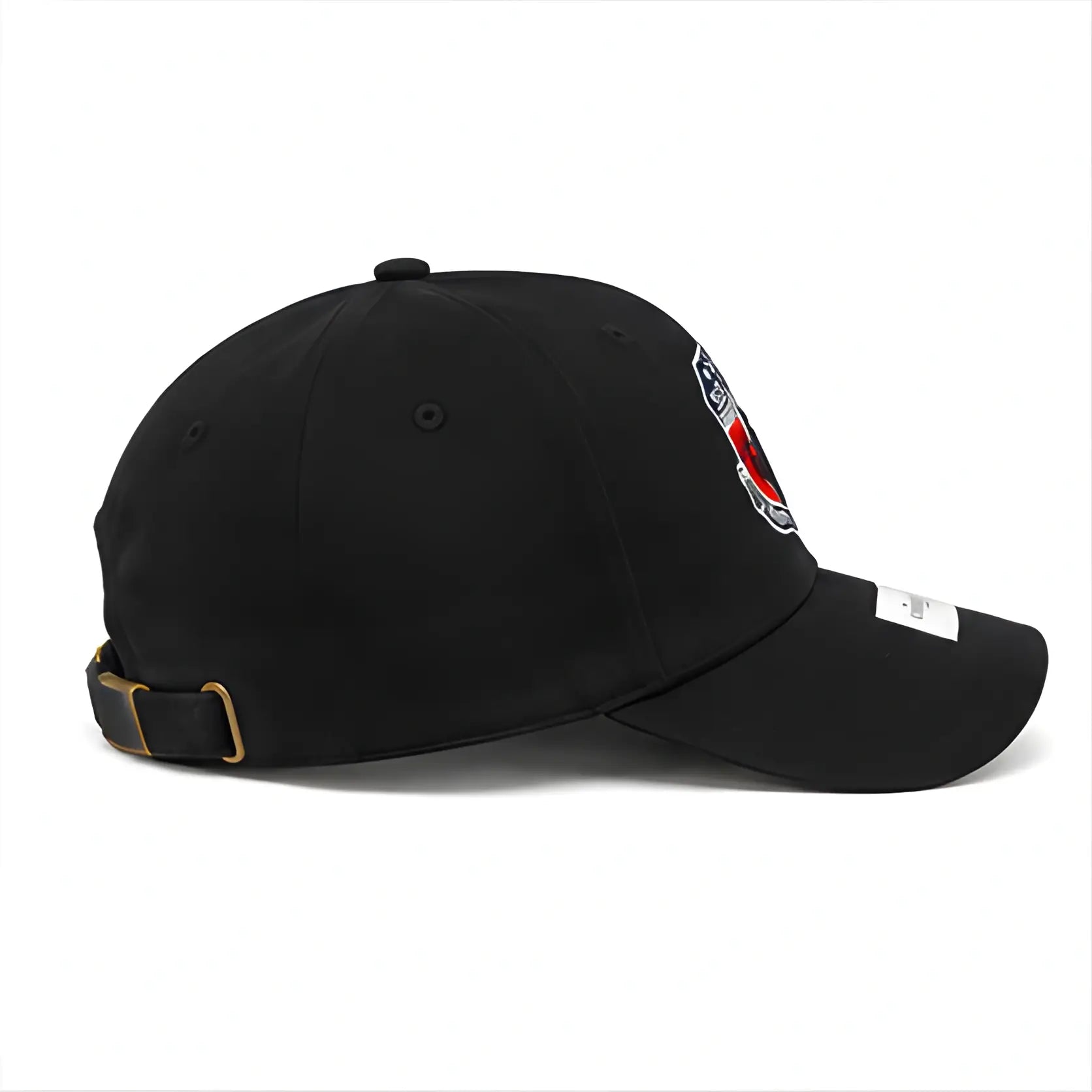 Black cap with a logo on a white background