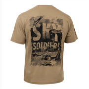 Tan t-shirt with 'Sky Soldiers' graphic design on a white background