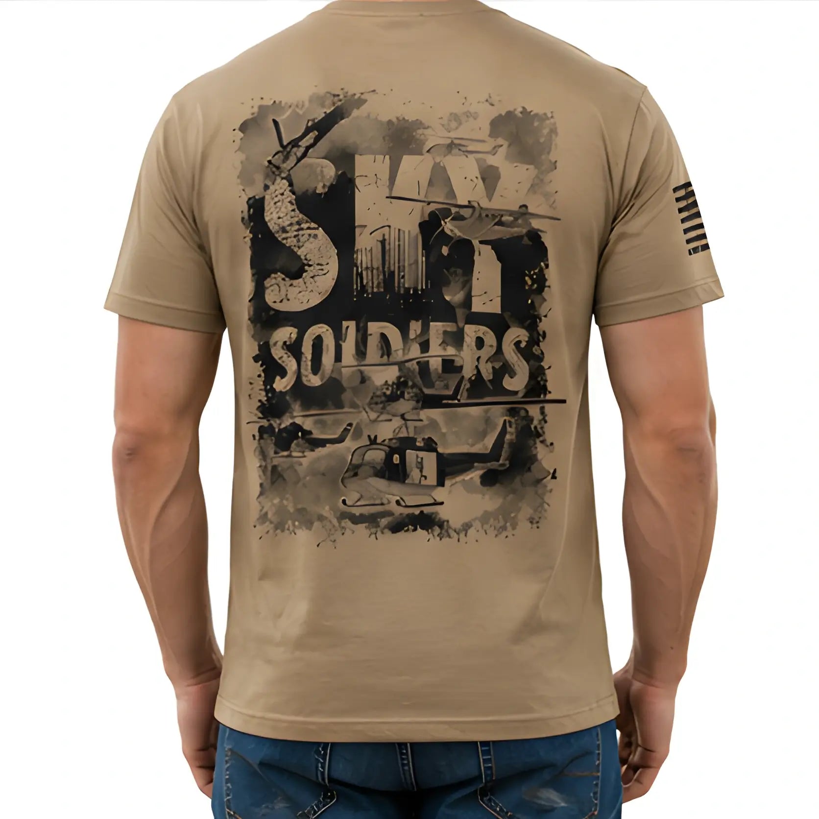 Beige t-shirt with 'Shave Soldiers' graphic on the back, worn by a person.