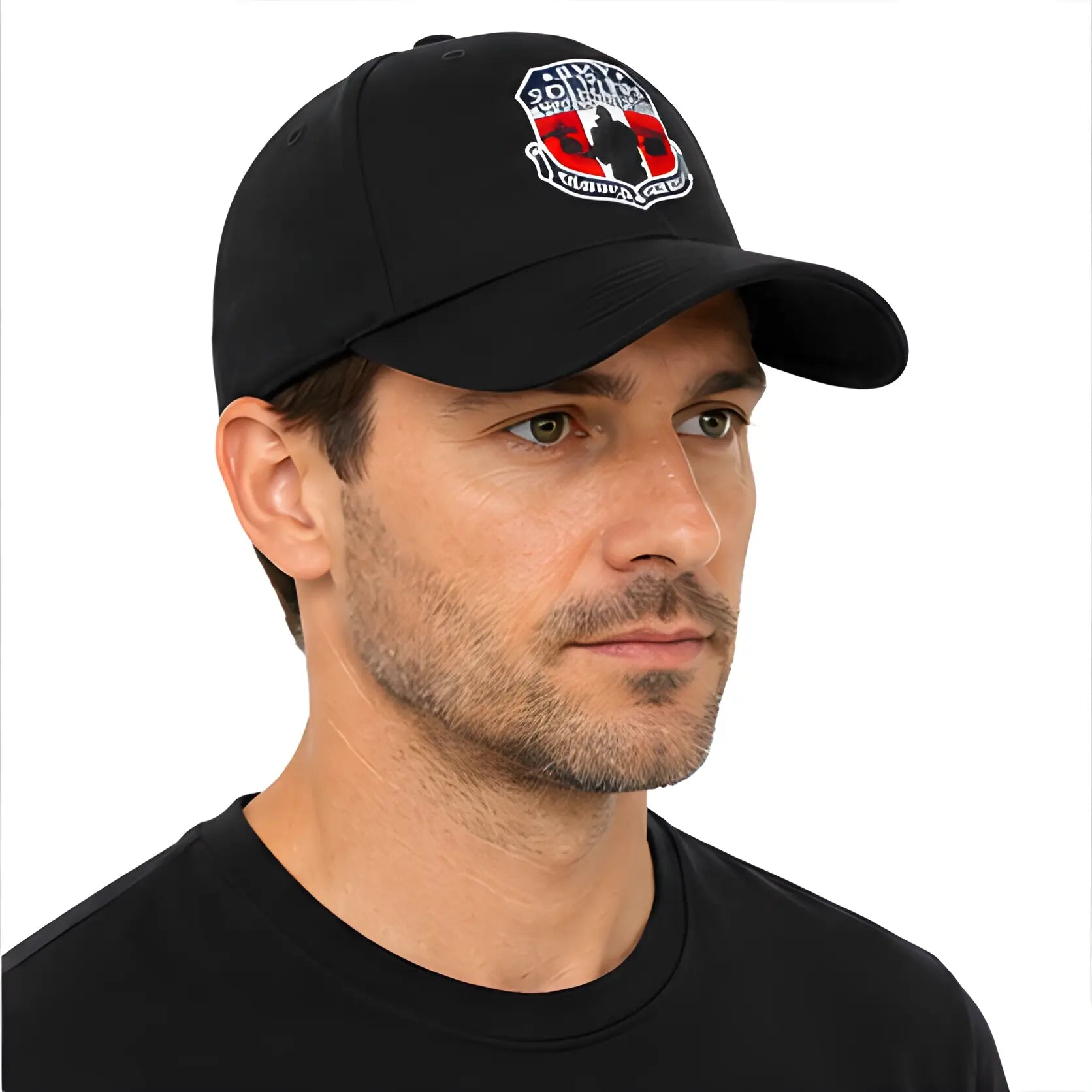 Man wearing a black cap with a logo on a white background