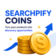 SearchPify Coins - SearchPify - Gold coins with a 'S' symbol, blue arrows, and text about Searchpify Coins on a white background. SearchPify