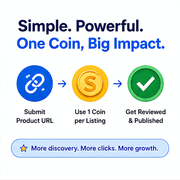 SearchPify Coins - SearchPify - Promotional graphic with icons and text about submitting a product URL, using coins for listings, and getting reviewed on a platform. SearchPify