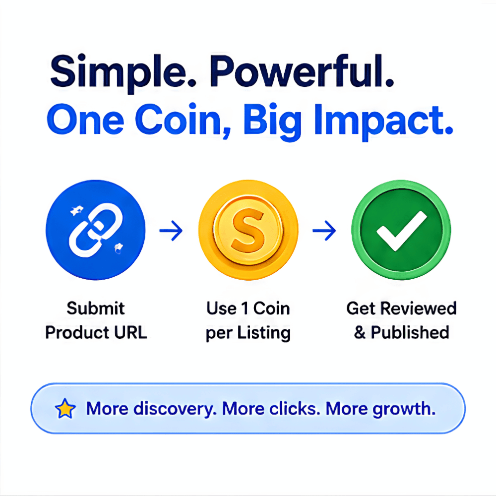 SearchPify Coins - SearchPify - Promotional graphic with icons and text about submitting a product URL, using coins for listings, and getting reviewed on a platform. SearchPify
