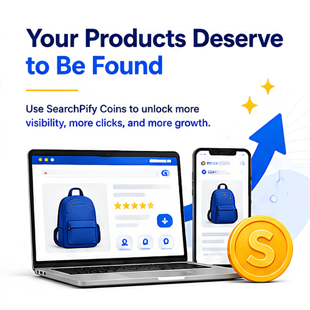 SearchPify Coins - SearchPify - Advertisement for SearchPify Coins with laptop and phone displaying product listings and a gold coin icon.
