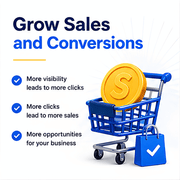 SearchPify Coins - SearchPify - Advertisement for growing sales and conversions with a blue shopping cart, gold coin, and blue bag on a white background. SearchPify