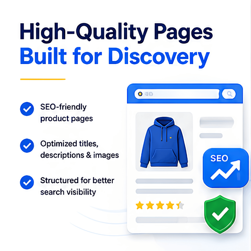SearchPify Coins - SearchPify - Promotional graphic for high-quality SEO-friendly product pages with a blue hoodie and search bar. SearchPify